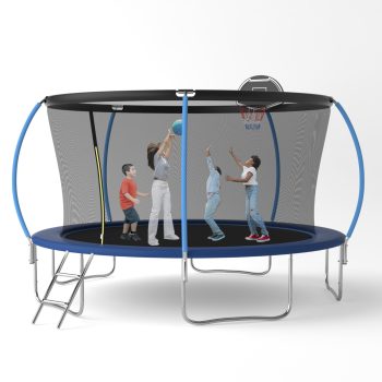 SENCHO GINSYTALIOR TRAMPOLINE 14 FT Round Outdoor Trampoline for Kids with Enclosure Net, Basketball Hoop, 300-1000LBS Weight Capacity
