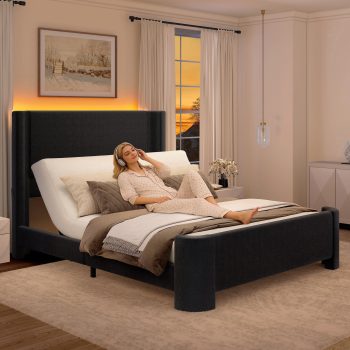SIBEDS Adjustable Electric Bed Frame with Wingback Headboard, LED Lights, 0-60° Head Incline, Linen Upholstered Platform Bed