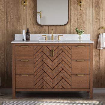 Deluxe Living 48 Inch Bathroom Vanity with Sink, Pre Assembled, Walnut | Solid Wood Single Sink Bathroom Vanity with Soft Close Doors & Dovetail Drawers, 0.78" Engineered Stone Top, Backsplash