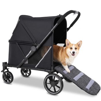 LIFERUN FoldablePet Stroller for Medium Dogs, w/Ramp, 66lbs, All-TerrainDog Stroller withMeshWindow,One-StepBrake,One ClickFold,IdeaforInjured,Disabled&SeniorDog