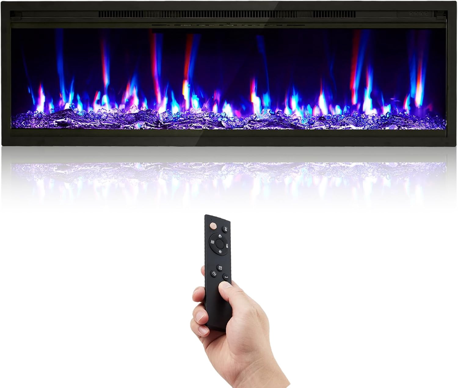 42 in Electric Fireplace Wall Mounted/Recessed with Remote Control, 4.2 in Ultra-Thin Linear Fireplace Heater 750W/1500W with Timer, 12-Color Flames, Log & Crystal Options
