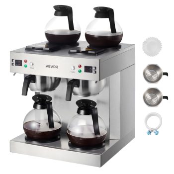 VEVOR Commercial Drip Coffee Maker, 24 Cups Coffee-Maker Machine with 4 Glass Carafes and 4 Decanter Warmer Plates, Stainless Steel Dual-Head Coffee Brewer, for Restaurant, Office, Coffee Shop & Home