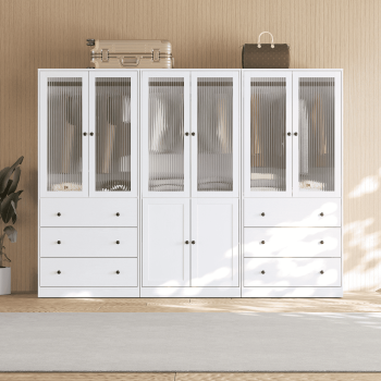 RichYa 3Pcs Armoire Wardrobe Closet with Hanging Rod,Clothes Storage Cabinet with Fluted Glass,Large Closet Organizer for Bedroom,White(BBC)
