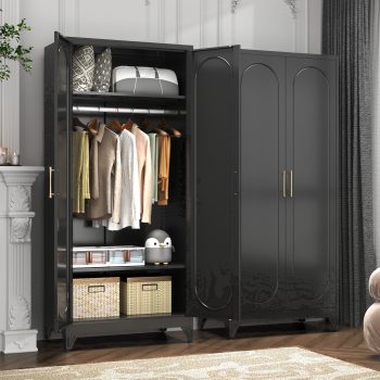 SteeLoong Adult Modern Steel Armoire,Wardrobe Storage Closet with 2 Doors and Shelves,Black Clothes Storage Cabinet with Hanging Rod