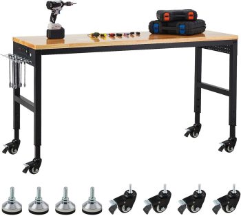 Panapinka Adjustable Workbench 72" x 25", 2000 LBS Load Capacity, 29.5"-38.4" Height Garage Worktable with Power Outlet, Locking Wheels and 35 Hooks, Heavy-Duty Workbench for Workshop Office