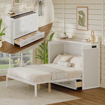 Bellemave Size Murphy Bed with Storage Drawer, Foldable Platform Beds with Charging Station, Farmhouse Wood Cabinet Chest Bed for Living Room/Bedroom (White)