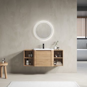 FFZ 48 inch Wall-Mounted Bathroom Vanity White Ceramic Sink Storage Shelves 1 Soft-Close Door Plywood