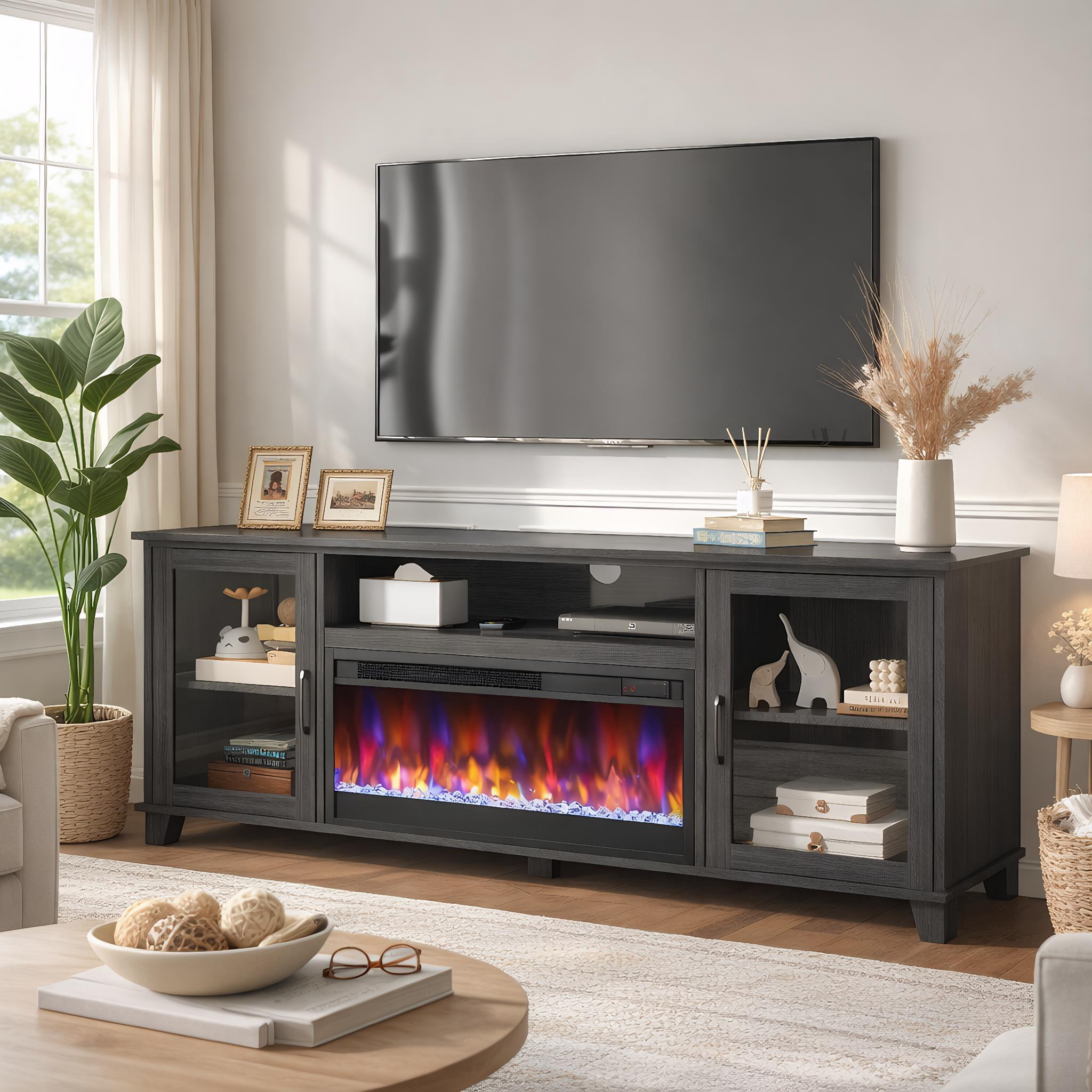Fireplace TV Stand for 60 inch TV, Modern Entertainment Center With Glass Fireplace, Electric Fireplace TV Cabinet for Living Room, with Remote Control Fireplace, Black