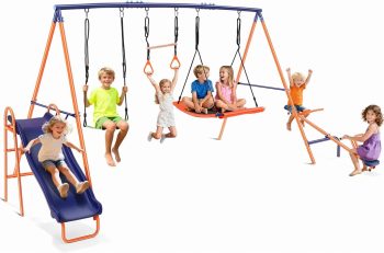 Veeboto Kids Swing Set, 700lbs Outdoor Swing Set with Heavy Duty Metal A-Frame Swing, 2 Adjustable Swing Seats, Slide/Teeter-Totter & Hanging Rings, for Backyards, Parks and Playgrounds