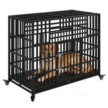 Ufyerutg 56'' Indestructible Heavy Duty Dog Crate, Escape Proof Strong Steel Impact Pet Cage for Large Giant Dogs, High Anxiety Sound Proof Chewproof Kennel Double Door with Trays and Wheels, XXL