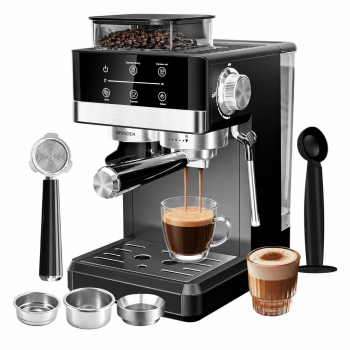Bluebow Espresso Machine with Grinder, 20 Bar Semi-Automatic Coffee Maker with Milk Frother, Electric Touchscreen for Home Latte Cappuccino, Black