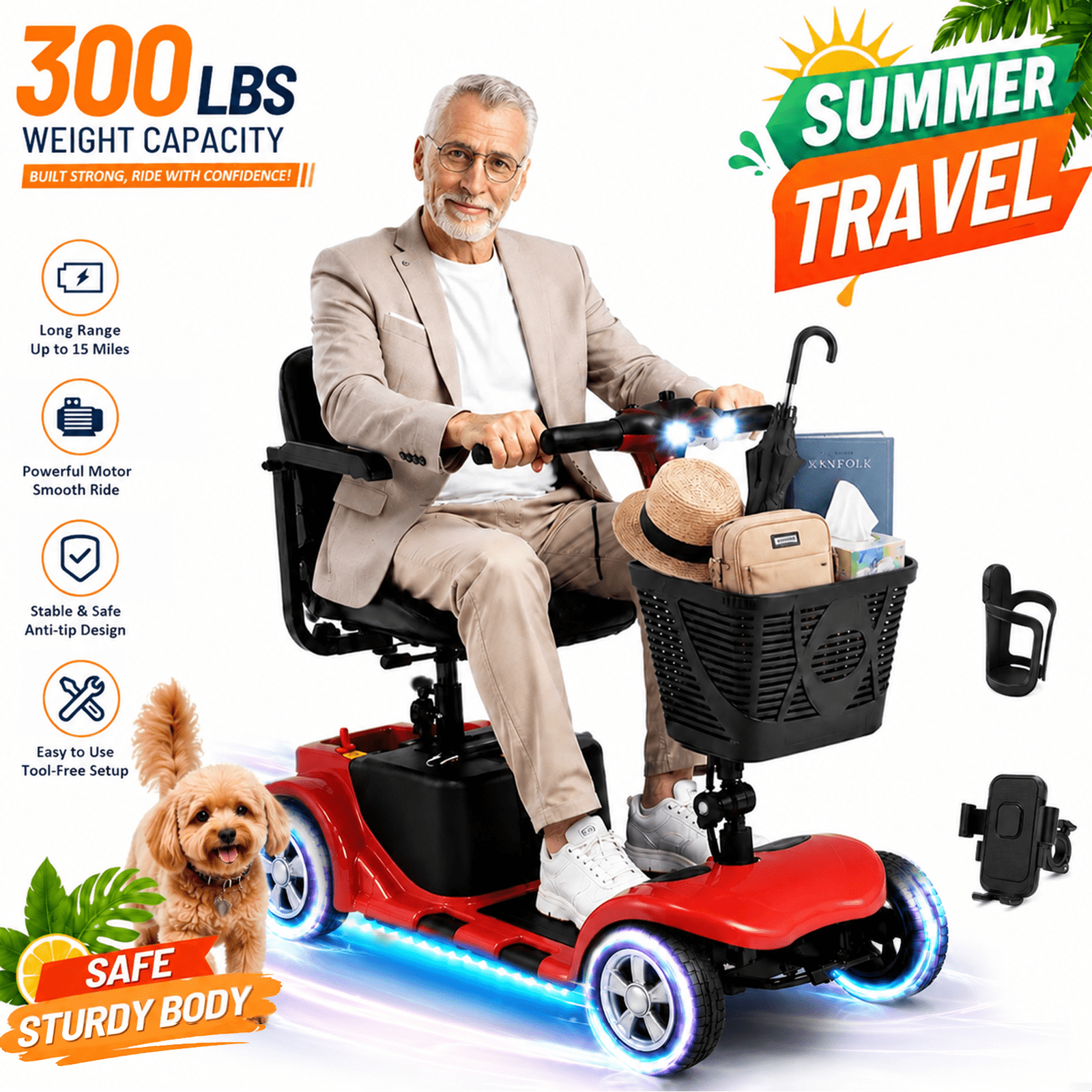 Foldable Mobility Scooter for Adults Elderly– 4-Wheel Portable Motorized Scooter with 300 lbs Capacity, Detachable Battery, Including Charger