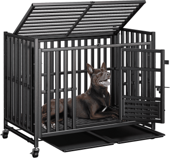42 Inch Heavy Duty Indestructible Dog Crate, Escape‑Proof Pet Kennel, 3 Doors, 4 Lockable Wheels, 2 Removable Trays for Large High‑Anxiety Pets