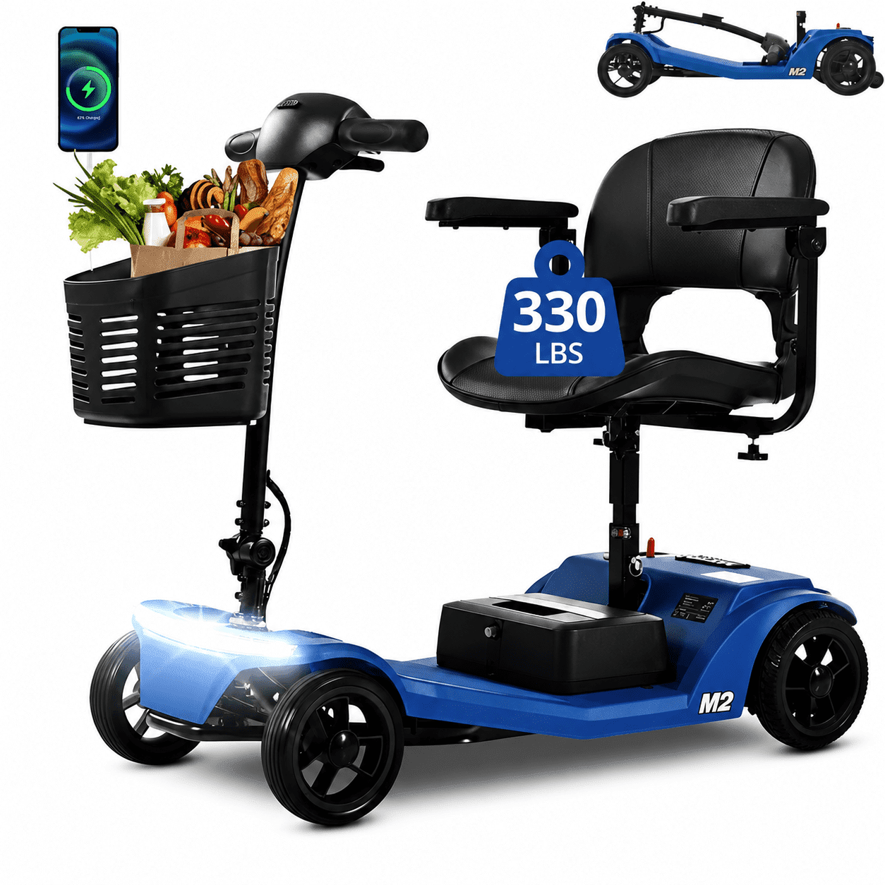 ENYOPRO Mobility Scooters for Seniors, 4 Wheel Foldable Electric Wheelchair Device with Bright Headlights USB Port, 330 lbs Capacity