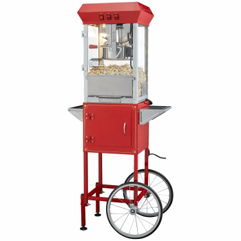 Popcorn Maker with Cart, 850W Popper Machine, 48 Cup Batch, Tempered Glass, Red - Movie Theater Style