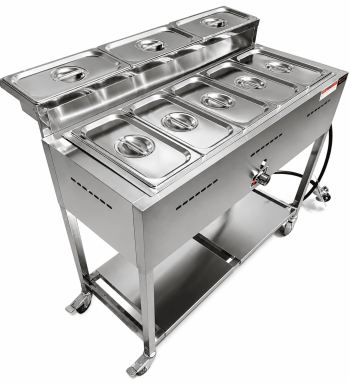 5 Pan Steam Table Food Warmer Cart | Heavy Duty Commercial Stainless Steel | Portable 4 Wheels | Outdoor Propane | 3 Condiment Containers | 8 Total Standard 1/3 Pans (12 x 6 x 4) | CSA Approved