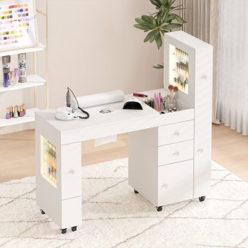 Advwin Modern Manicure Table with RGB Light Display Cabinets, Built-in Dust Collector, Lockable Wheels, Wrist Rest & Ample Storage, Acetone-Resistant Beauty Nail Salon Home Workstation