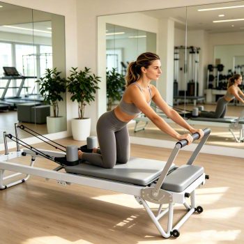 Pilates Reformer with 5 Silent Springs, Steel Slide Rail, 4-Angle Footbar, Foam Shoulder Pads, Leather Platform, 3-Height Pulley Risers, Removable Wheels, Hand Loops & Foot Straps, 440 LBS for Home