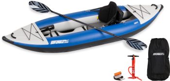 Sea Eagle 300X Explorer Touring, Camping, Fishing & Whitewater Inflatable Kayak, 1 Person, Lightweight, Self-Bailing, High Pressure Drop Stitch Floor -W/Paddle, Seat, SUP Pump, Skeg - Pro Package