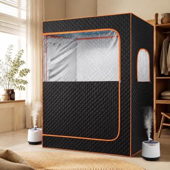 Portable Steam Sauna Tent, 2 Person, with Steamer, Remote, 2 Foldable Chairs, Essential Oil Boxes, Stainless Steel Frame, Black