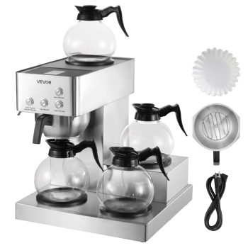 VEVOR Commercial Drip Coffee Maker, 12 Cups Coffee-Maker Machine with 4 Glass Carafes and 4 Decanter Warmer Plates, Stainless Steel Drip Style Coffee Brewer, for Restaurant, Office, Coffee Shop&Home