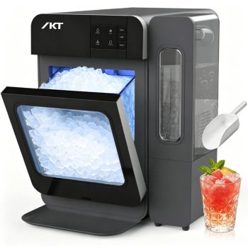 IKT Self Cleaning Nugget Ice Maker with Side Tank, Countertop Ice Maker, 34lbs Daily Ice Production, LED Light, Ice Scoop, Blcak,for Home&Office