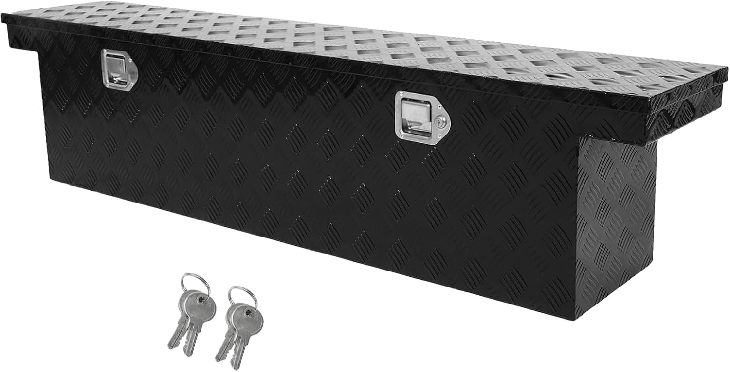 confote 60 Inch Heavy Duty Aluminum Stripes Plated Tool Box Pick Up Truck Bed RV Toolbox Waterproof Storage Organizer with Lock and Key,60"x 12"x 14"-Black