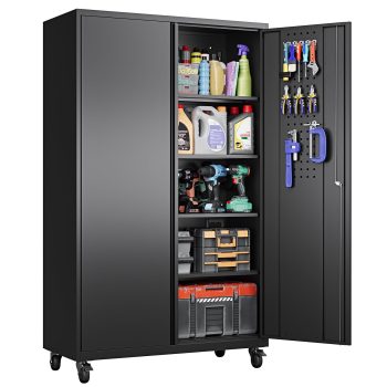 AUHUP Wider & Deeper Metal Storage Cabinet with Wheels,Tall Rolling Garage Storage Cabinet with Pegboards, Garage Metal Cabinets with Lock and Shelves, 43''Wx 20''Dx71"H