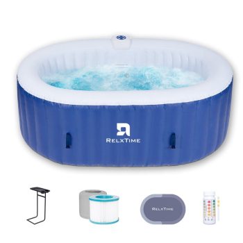 RELXTIME Oval Inflatable Portable Hot Tub 75x47Inch,2 Person Outdoor Spa Blow Up Hottubs with 100 Bubble Jets,Side Table,Blue