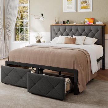 Honfach Bed Frame with 2 Storage Drawers, Linen Upholstered Headboard Platform Bed with Charging Station, No Box Spring Needed, Noise-Free, Easy Assembly, Grey