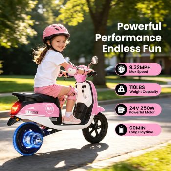 Track Seven 24V Kids Electric Motorcycle, 250W Brushless Motor Ride-on Scooter Moped for Boys Girls Ages 8+, 12" Pneumatic Tires, Bluetooth, Max 10 Mph, Bonus Storage Cover