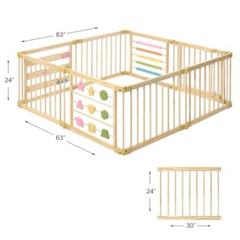 ZETY Wooden Foldable Baby Playpen Extra Large 63x63 in Play Yard for Babies