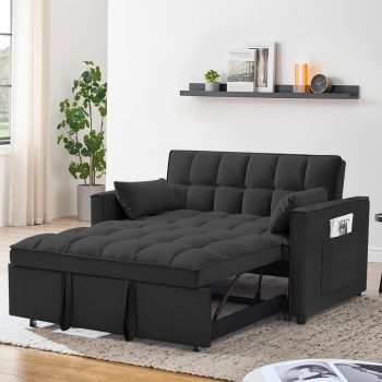 Convertible Sofa Bed,3-in-1 Sleeper Sofa with Pull Out Bed,Sleeper Futon Couch Loveseat with Adjsutable Backrest and Pillows for Living Room,Black