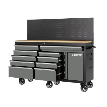 Heavy Duty 60 Inch Rolling Tool Chest - 10 Drawers, 1 Door, Pegboard, Lock, Charging Station - Mobile Garage Workbench with Rubberwood Top, 1750 lbs Capacity - Gray, 10 Drawers 1 Door with Back Panel