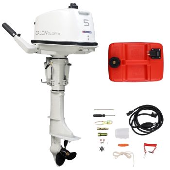 CALON 5HP Outboard Motor 2-Stroke Boat Engine with Tiller Control Manual Start Built-in 2.8L and External 12L Fuel Tank F-N-R Shift for Fishing Boats