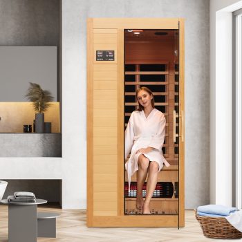 TAKOYI - 1500W 1 to 2 Person Hemlock Wood Low EMF FAR Infrared Sauna For Home with LED Control Panel and Tempered Glass Door