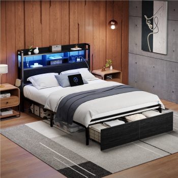 Satifur LED Platform Bed Frame with Storage Headboard, USB Ports, RGB Lights and 2 Easy-Slide Under Bed Storage Drawers