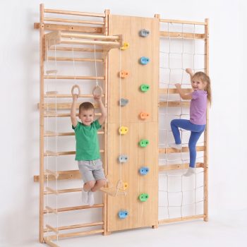 Avenlur Walnut 9-in-1 Swedish Ladder Wall Gym Kids, Indoor Climbing Wall Montessori Indoor Playground & Jungle Gym, Rock Climbing Wall for Kids, Rope Ladder, Slide, Swing (94.5")