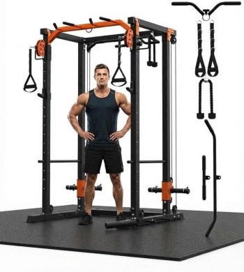 Power Cage with LAT Pulldown & Cable Crossover System, 2000LBS Multi-Functional Power Rack, All-in-1 Weight Cage Home Gym with Adjustable Pulley System, Squat Rack for Garage, Home