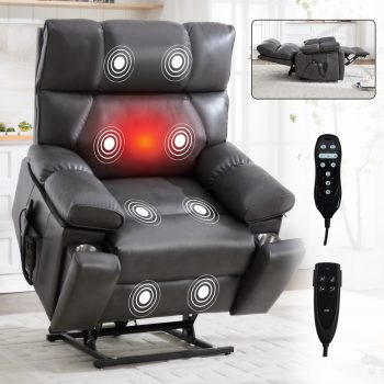 Leumius Large Electric Power Lift Recliner Chair for Elderly,23.5" Extra Wide Seat Recliners Single Sofa with Vibration Massage and Lumbar Heating,Dual Motor,Infinite Position,Dark Gray+Faux Leather