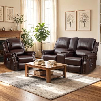 Ebello Power Set, PU Leather Chair and with Center Console, Storage,Cup Holder,Massage and Heat Usb
