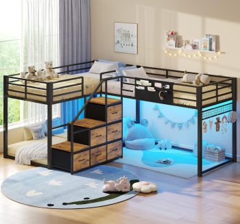 Toogaho Twin Quad Bunk Bed, L-Shaped Corner Metal Twin over Twin Bunk Bed Frame with Storage Stairs & LED Light & Guardrail