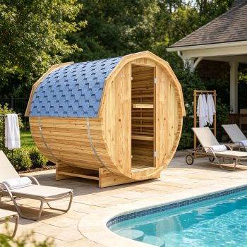HOSAUNA Outdoor Barrel Sauna,4500W Traditional Steam Sauna for 4-6 People with LED Explosion-Proof Light – Carbonized Spruce Wood Sauna Room for Garden, Patio, or Backyard