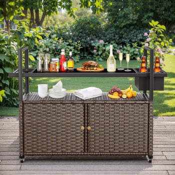PARKWELL Outdoor Grill Cart,Portable Prep Table with Storage Cabinet,Grill Station Kitchen Island Rolling Bar Cart for for Grilling Accessories