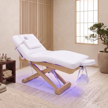 Advwin 3-Motor Electric Massage Table with Adjustable Height, Backrest & Leg Rest, Power Outlet & LED Light, Solid Wood Frame Rolling Spa Bed for Facial, Tattoo, Lash, Esthetician & Salon