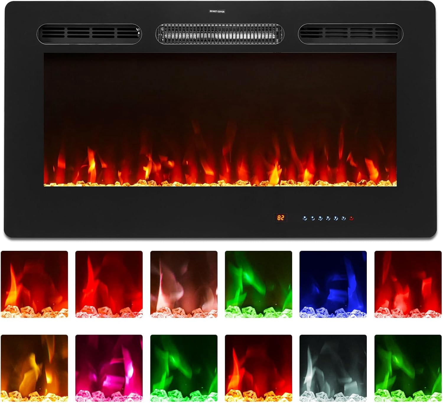36" Electric Fireplace, Electric Fireplace Inserts Recessed/Wall Mounted with Touch Screen, Remote Control with Timer, 12 Adjustable Flame Colors, Log & Crystal Options, 750/1500W Heater