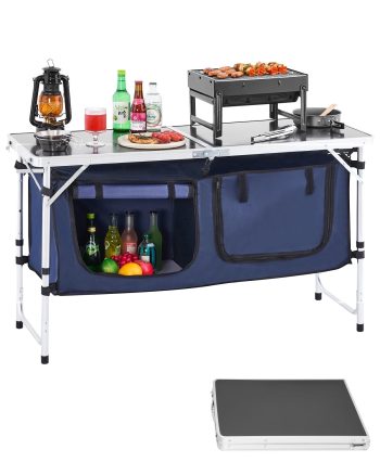 VEVOR Camping Kitchen Table, Folding Outdoor Cooking Table, 3 Adjustable Height, Aluminum Lightweight Portable Cook Station with Storage Organizer,Carry Handle,for BBQ Party Picnic RV Travel, Blue