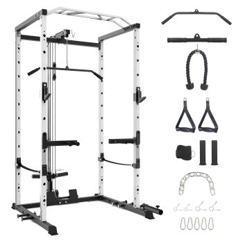 TROPOW Power Cage with LAT Pulldown, Multi-Functional Power Rack with Cable Pulley System and J-Hooks, Squat Rack with Dip Bars and Landmine Attachment, Weight Cage for Home Gym Equipment