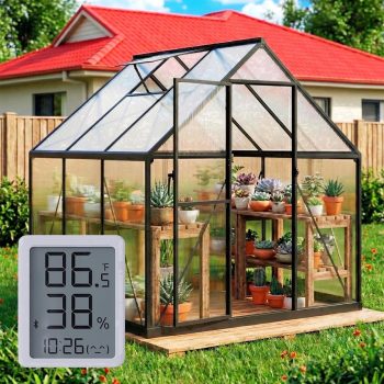 Sanerto 6x6ft Outdoor Walk-in Greenhouse with Thermometer Hygrometer, Heavy-Duty Polycarbonate Green House with Reinforced Aluminum Frame for Garden, Backyard, and Winter Planting