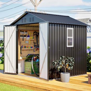 LZBEITEM 6x6 ft Outdoor Storage Shed, Metal Outdoor Garden Shed with Window & Lockable Hinged Doors, Heavy-Duty Steel Tool Shed with Vents for Backyard Patio Lawn, Black